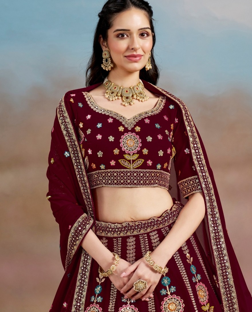 6008-Maroon - Stunning maroon Thread Work Georgette Engagement Wear Lehenga With Blouse
